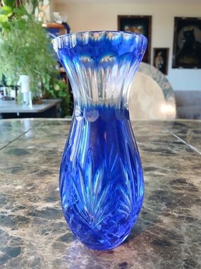 Czech Lead Crystal Cut To Clear Cobalt Blue Art Glass Vase 7” Vintage MCM

This